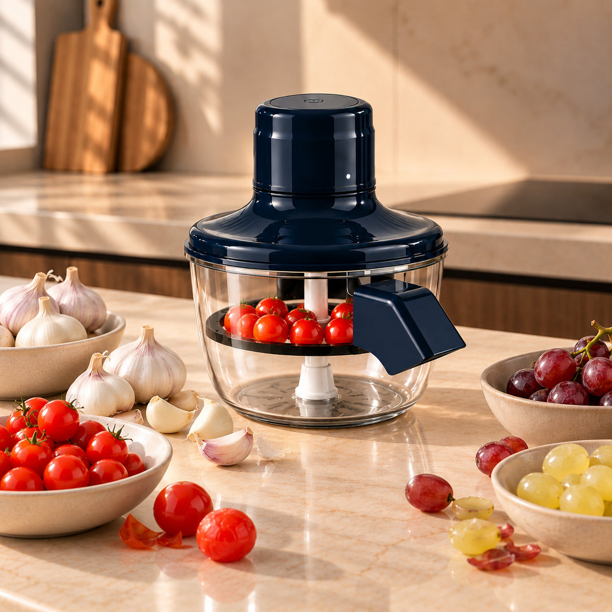 Nooki entouré de tomates cerise, raisins et petites pommes de terre pelées
