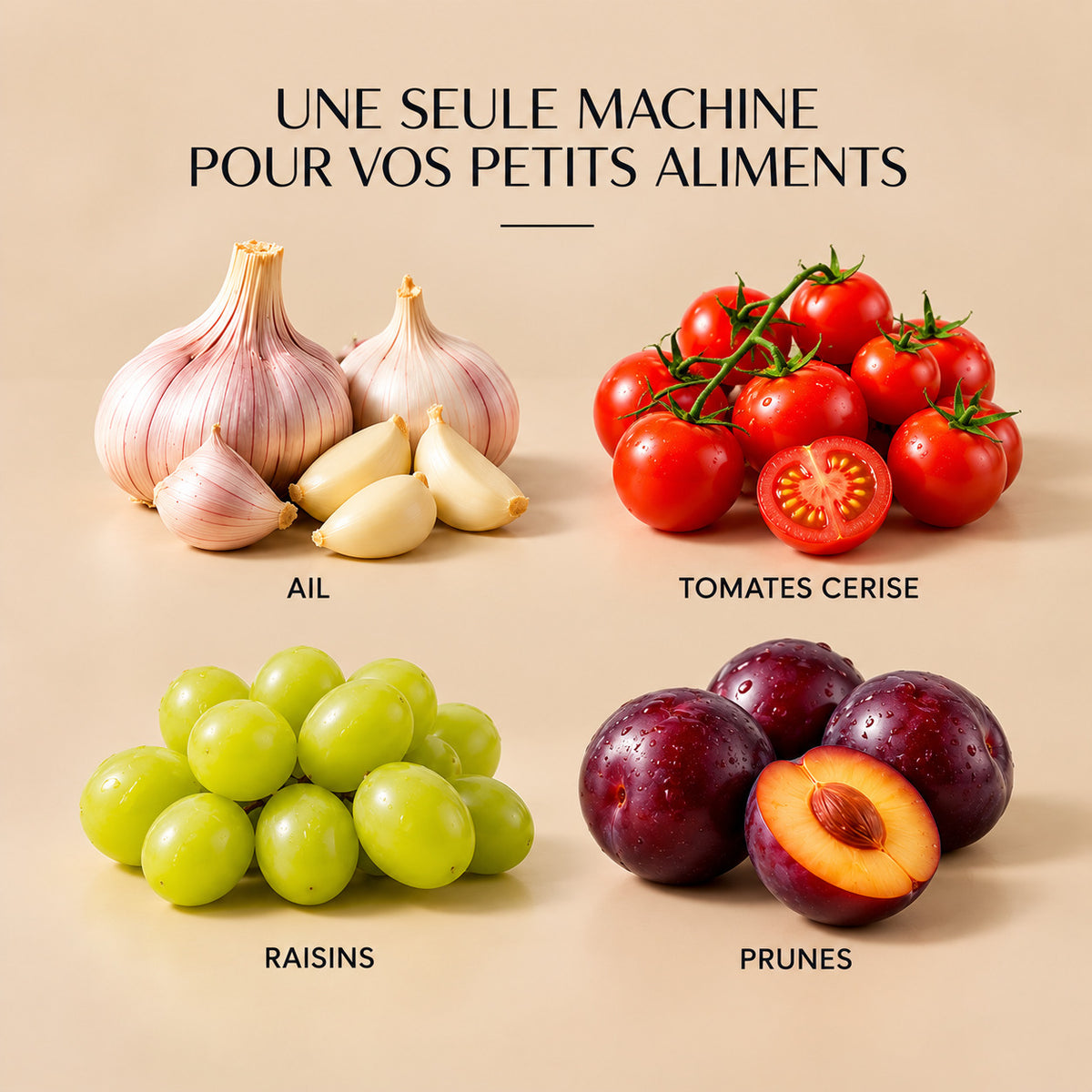Une seule machine pour l'ail, les tomates cerise, les raisins, les petites pommes de terre et les prunes